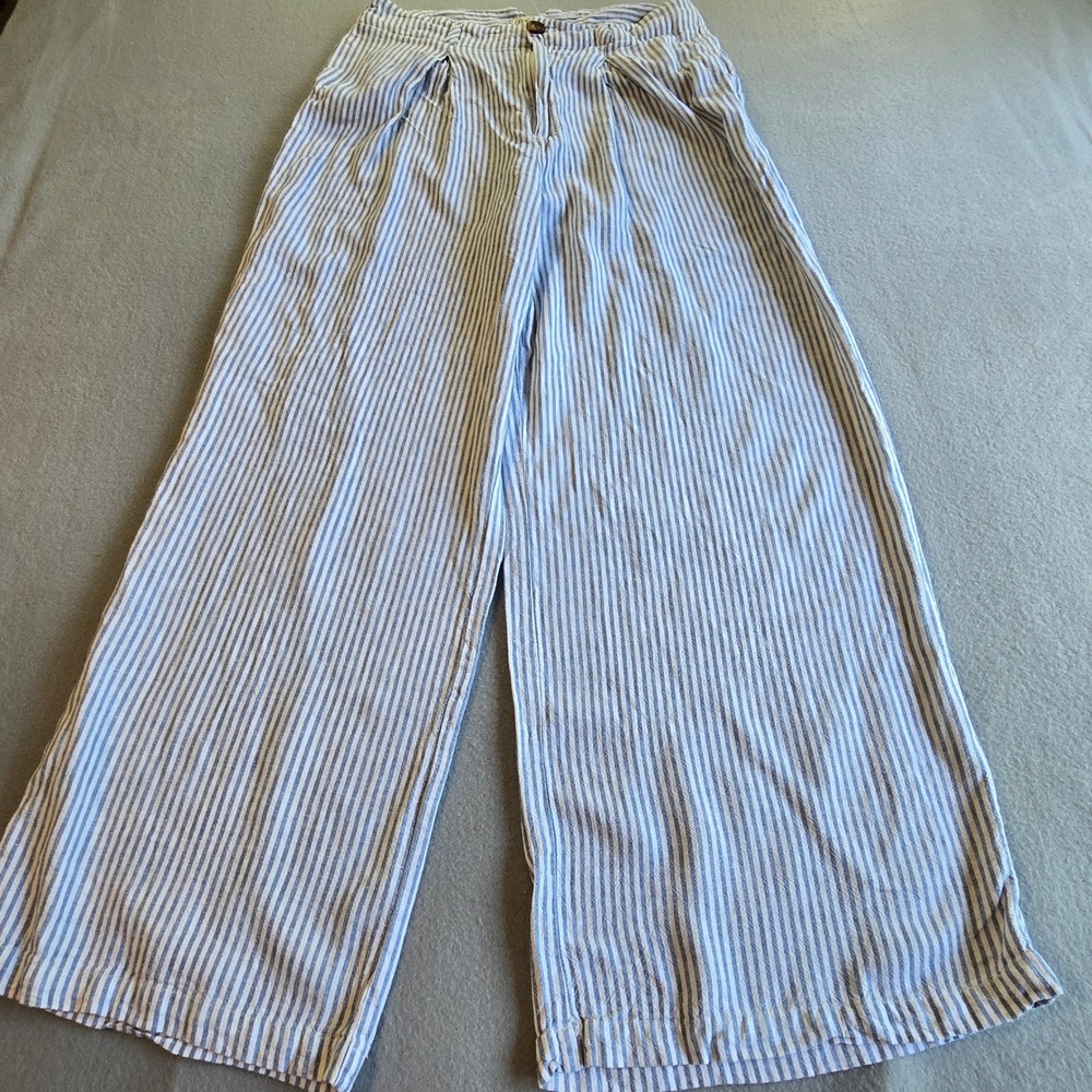 Versona Wide Leg Pants Women 16 Blue White Striped Linen Blend High Rise Relaxed